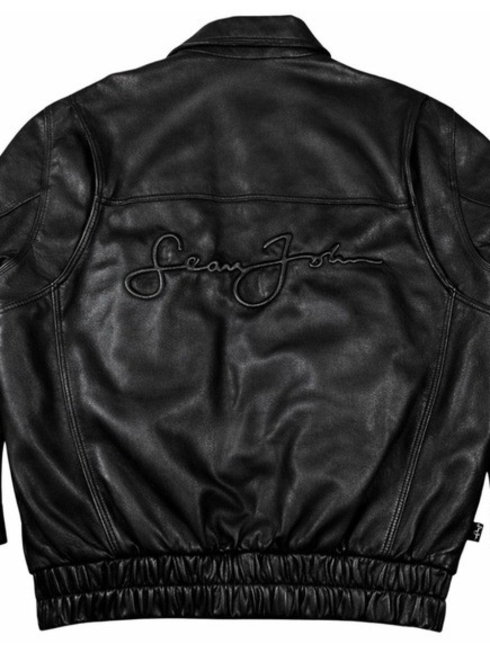 Sean John Black Leather Bomber Jacket with Signature Script